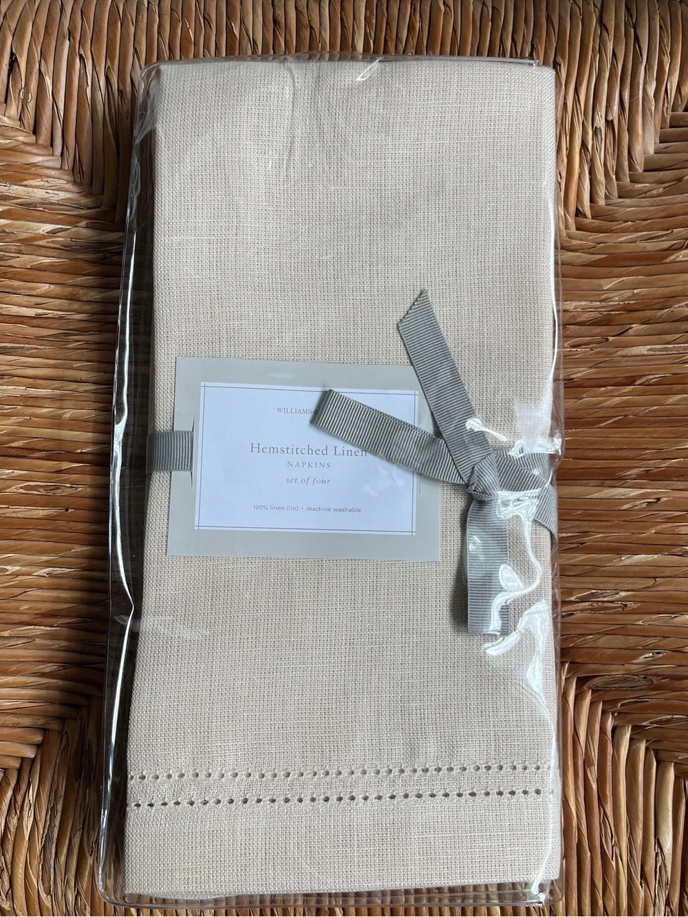 NEW Williams Sonoma Set x4 100% Linen Hemstitched Dinner Napkins Beige 22” 2004